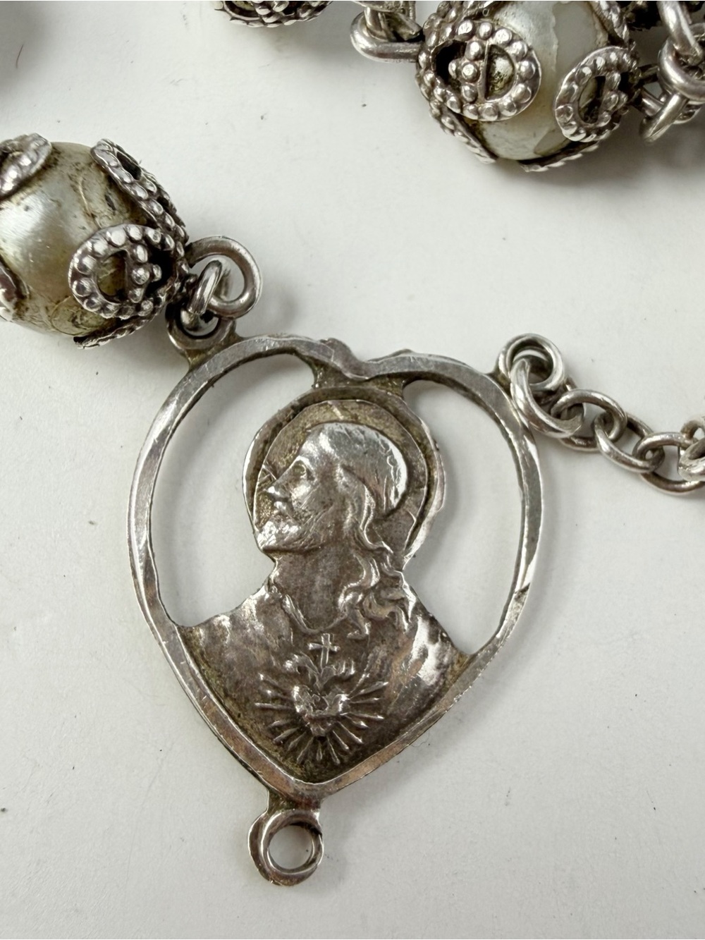Vintage Sterling Silver Rosary Capped Faux Pearls Jesus Sacred Heart AS IS FLAWS - Picture 2 of 11